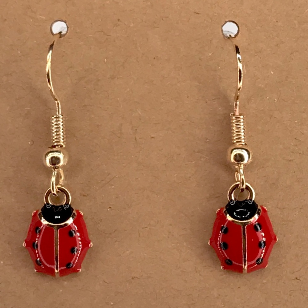 Lady bug Gold and Red Earrings - Picture 4 of 4